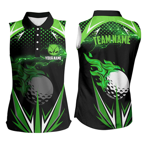 Black Women sleeveless polo shirts custom green fire lightning team golf jerseys, ladies golf attire NQS7325