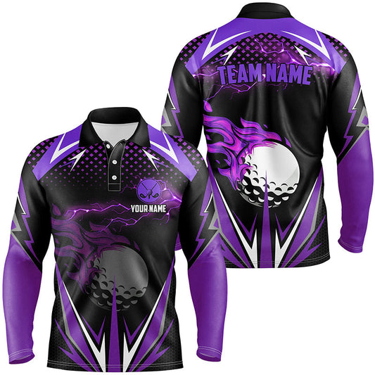 Black Mens golf polo shirts custom purple fire lightning team golf jerseys, golf attire for men NQS7326