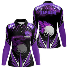 Load image into Gallery viewer, Black Womens golf polo shirts custom purple fire lightning team golf jerseys, golf attire for ladies NQS7326