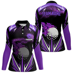 Black Womens golf polo shirts custom purple fire lightning team golf jerseys, golf attire for ladies NQS7326