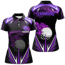 Load image into Gallery viewer, Black Womens golf polo shirts custom purple fire lightning team golf jerseys, golf attire for ladies NQS7326