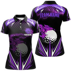 Black Womens golf polo shirts custom purple fire lightning team golf jerseys, golf attire for ladies NQS7326