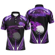 Load image into Gallery viewer, Black Mens golf polo shirts custom purple fire lightning team golf jerseys, golf attire for men NQS7326