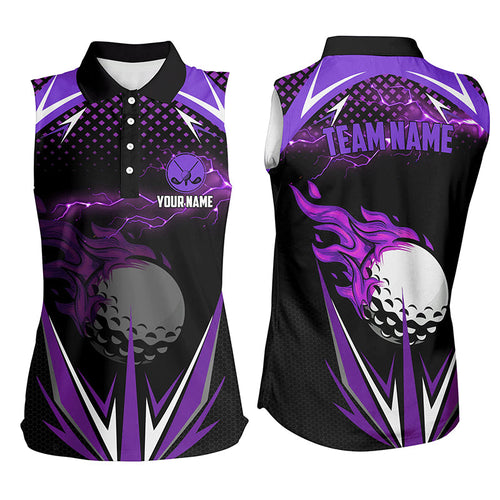 Black Women sleeveless polo shirts custom purple fire lightning team golf jerseys, ladies golf attire NQS7326