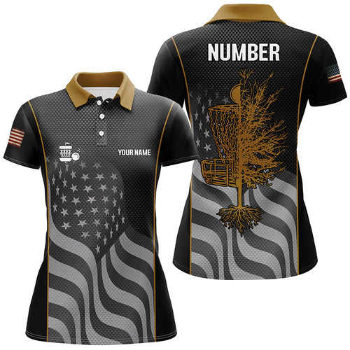 Orange black American flag Womens disc golf polo shirt custom name, number patriotic disc golf jersey NQS7327