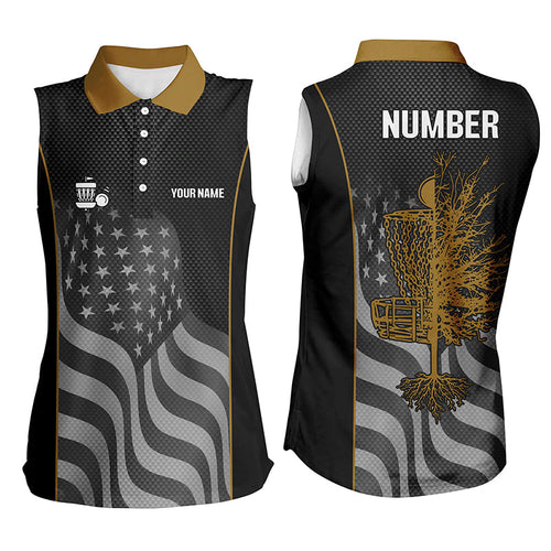 Orange black American flag Women sleeveless polo shirt custom name, number patriotic disc golf jersey NQS7327