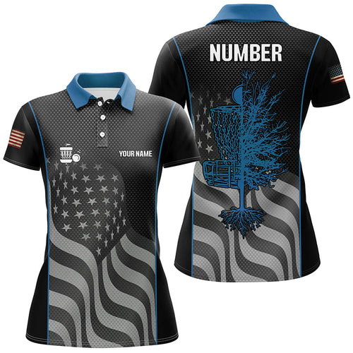 Blue black American flag Womens disc golf polo shirt custom name, number patriotic disc golf jerseys NQS7328