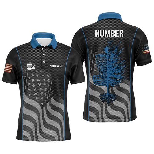 Blue black American flag Mens disc golf polo shirt custom name, number patriotic disc golf jerseys NQS7328