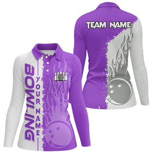 Women bowling polo shirts Custom white and purple flame Bowling ball and pins Team league Jerseys NQS7329