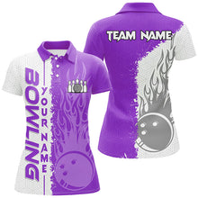 Load image into Gallery viewer, Women bowling polo shirts Custom white and purple flame Bowling ball and pins Team league Jerseys NQS7329