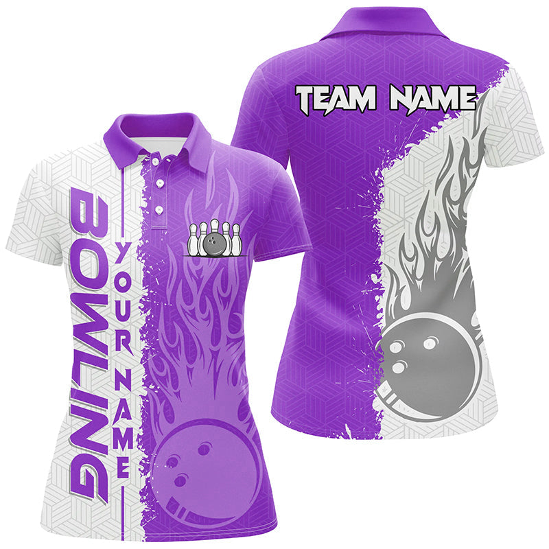 Women bowling polo shirts Custom white and purple flame Bowling ball and pins Team league Jerseys NQS7329