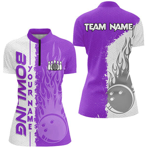 Womens Quarter Zip shirts Custom white & purple flame Bowling ball and pins Team bowling league Jersey NQS7329