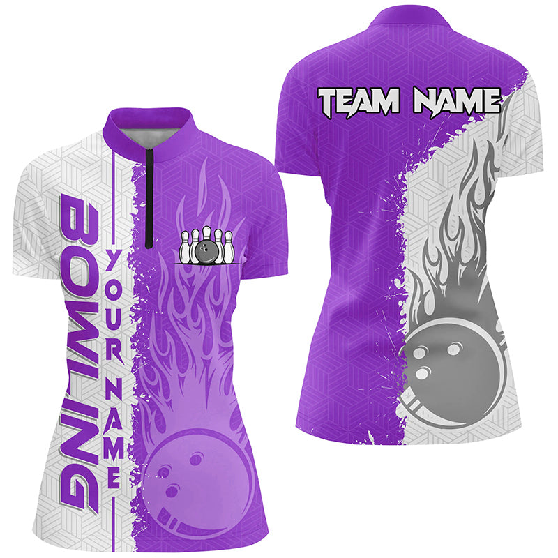 Womens Quarter Zip shirts Custom white & purple flame Bowling ball and pins Team bowling league Jersey NQS7329