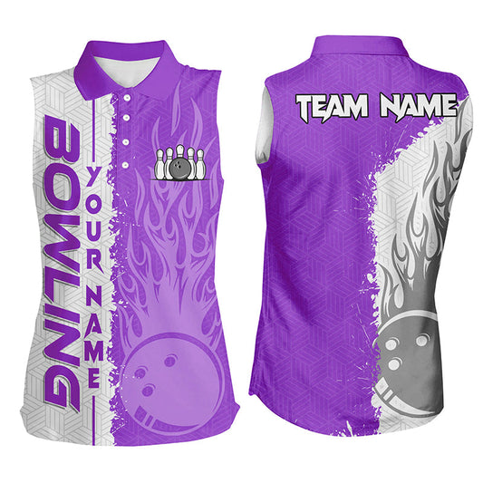 Women sleeveless polo shirts Custom white and purple flame Bowling ball and pins Team league Jerseys NQS7329