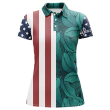 Load image into Gallery viewer, Womens golf polo shirts American flag patriotic custom tropical leaf pattern golf shirts for women NQS5310