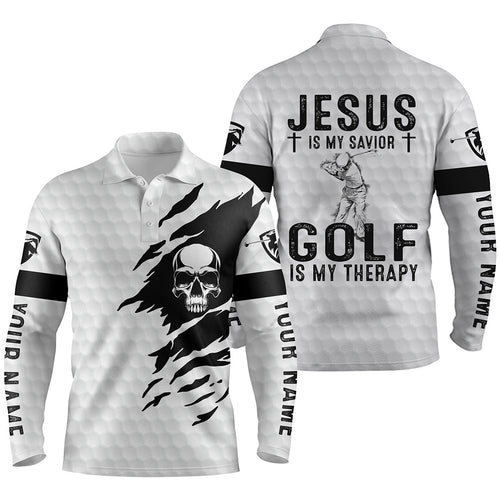 Mens golf polo shirt Jesus is my savior, golf is my therapy custom name white skull golf shirt NQS3645