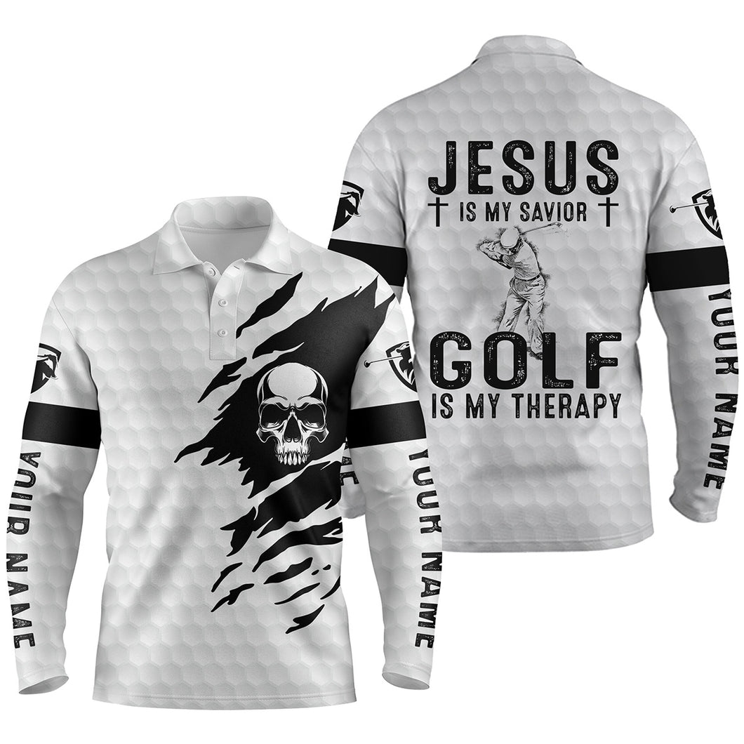 Mens golf polo shirt Jesus is my savior, golf is my therapy custom name white skull golf shirt NQS3645