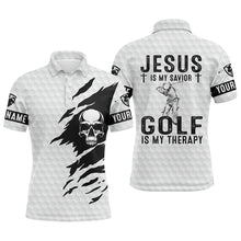 Load image into Gallery viewer, Mens golf polo shirt Jesus is my savior, golf is my therapy custom name white skull golf shirt NQS3645