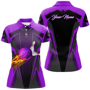 Personalized Women polo Shirt Flame Bowling Ball Pins, bowling  jerseys for bowlers | Purple NQS6440