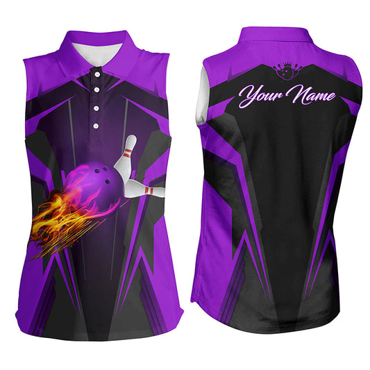 Personalized Women sleeveless polo shirts Flame Bowling Ball Pins, bowling polo for bowlers | Purple NQS6440