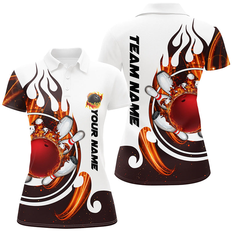 White Bowling polo Shirt for women Custom flame bowling ball pins