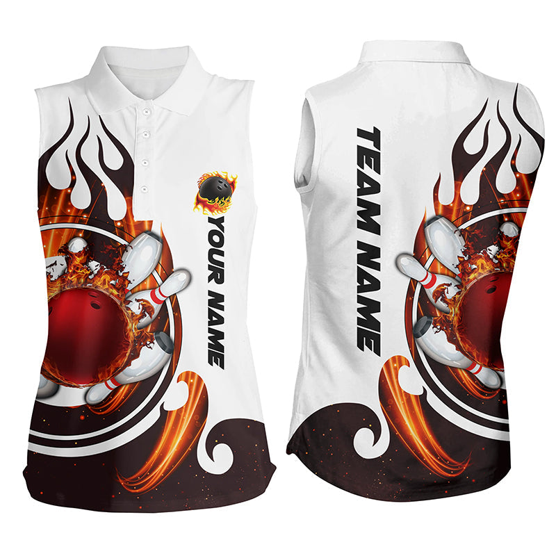 White Bowling sleeveless polo Shirt for women Custom flame bowling ball pins Jerseys NQS6449
