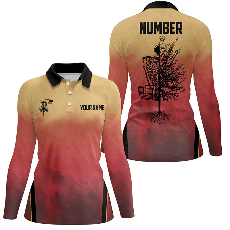 Womens Disc golf polo shirt custom Disc Golf Basket Tree Sunset disc golf jerseys, disc golf shirt NQS6683
