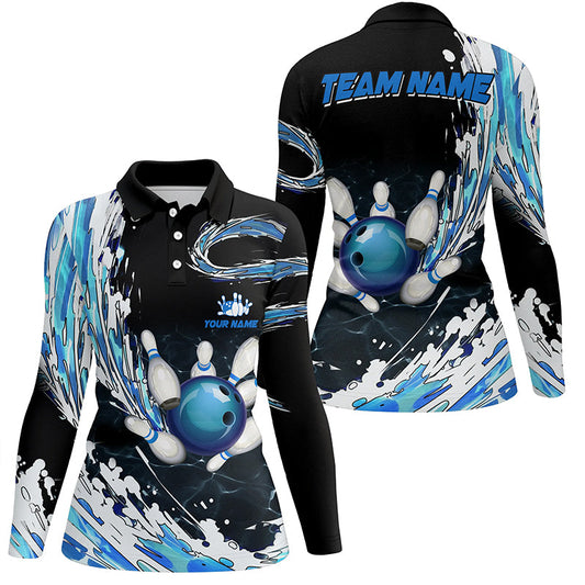 Blue Bowling Womens polo Shirts Custom bowling ball pins black bowling team league Jerseys NQS6461