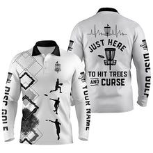 Load image into Gallery viewer, Black white Mens disc golf polo shirt custom name Just here to hit trees and curse, disc golf shirts NQS4603