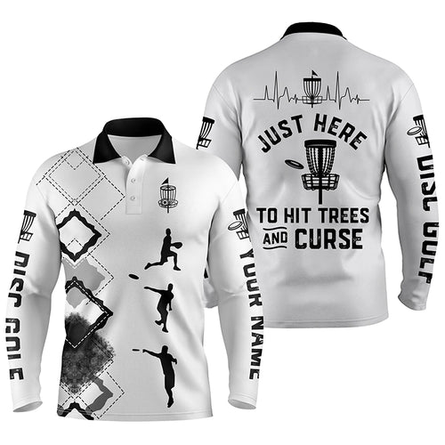 Black white Mens disc golf polo shirt custom name Just here to hit trees and curse, disc golf shirts NQS4603