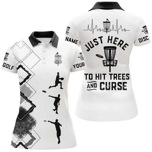 Black white Womens disc golf polo shirt custom name Just here to hit trees and curse, disc golf shirts NQS4603