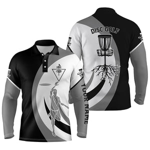 Black white Mens disc golf polo shirt custom name disc golf basket, personalized disc golf shirts NQS4604