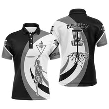 Load image into Gallery viewer, Black white Mens disc golf polo shirt custom name disc golf basket, personalized disc golf shirts NQS4604