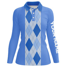 Load image into Gallery viewer, Blue argyle plaid pattern Womens golf polo shirt custom golf polos shirt for womens, golfing gifts NQS7190