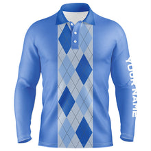 Load image into Gallery viewer, Blue argyle plaid pattern Mens golf polo shirt custom golf polos shirt for men, golfing gifts NQS7190