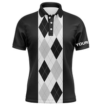 Load image into Gallery viewer, Black argyle plaid pattern Mens golf polo shirt custom golf polos shirt for men, golfing gifts NQS7192