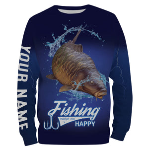 Fishing Makes Me Happy Carp Fishing 3D All Over printed Customized Name Shirts For Adult And Kid NQS316