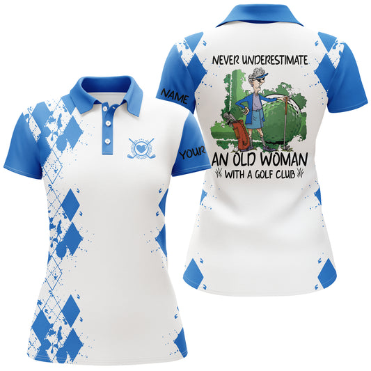 Custom name 3D women golf polo shirts multi-color never underestimate an old woman with a golf club NQS3658