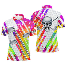 Load image into Gallery viewer, Colorful watercolor American flag golf skull patriotic golf club Men polo shirts custom team golf polo NQS4787