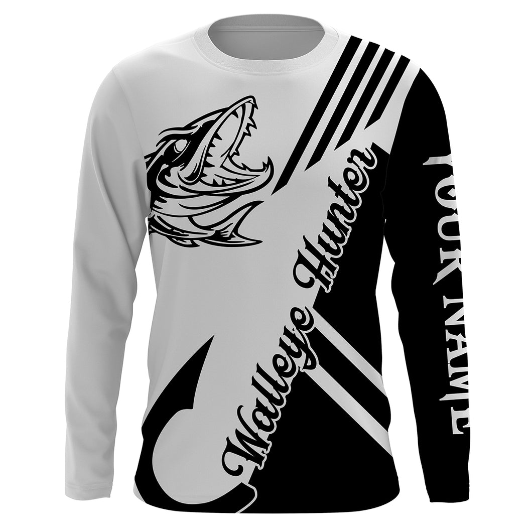 Walleye Hunter Fishing black and white custom name performance fishing shirts NQS901