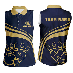 Personalized bowling Sleeveless polo shirts for womens, gold bowling shirts team bowl jersey | Navy NQS6707
