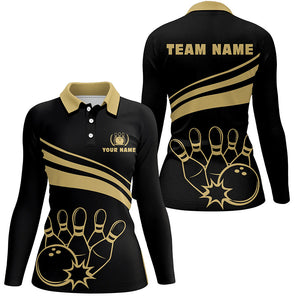 Personalized polo bowling shirts for women, custom gold womens bowling shirts team bowl jersey | Black NQS6708