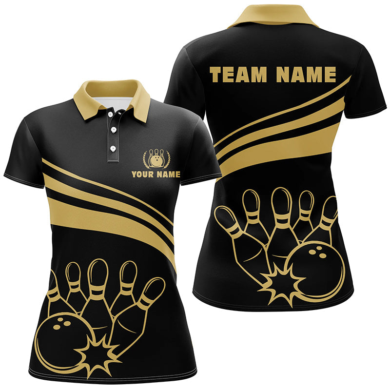 Personalized polo bowling shirts for women, custom gold womens bowling shirts team bowl jersey | Black NQS6708