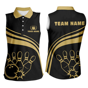 Personalized bowling Sleeveless polo shirts for womens, gold bowling shirts team bowl jersey | Black NQS6708