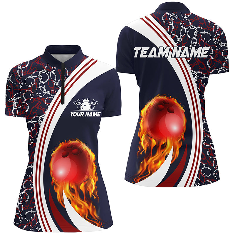 Bowling Quarter Zip Shirt For women Custom camo flame bowling ball fire Team League Jerseys | Navy NQS6716