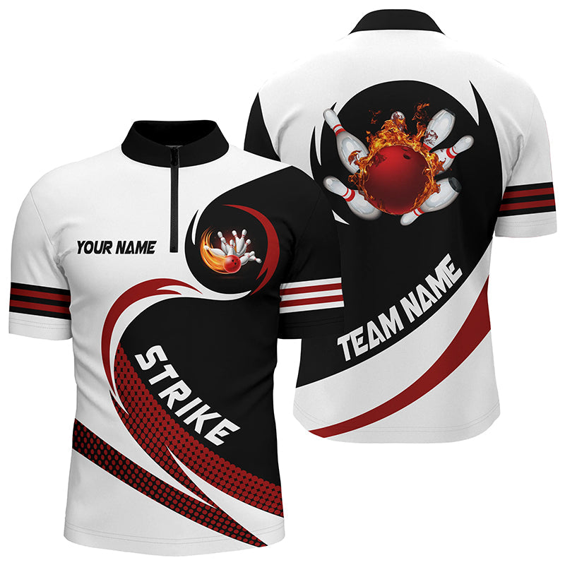 Black and white Bowling Quarter Zip Shirt For men Custom flame bowling ball strike Team League Jersey NQS6717