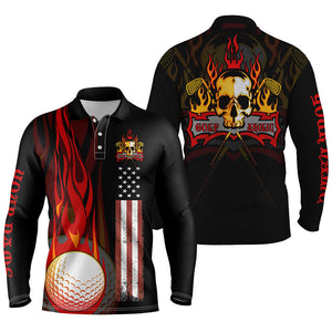 Golf skull Men golf polo shirts custom name flame golf ball American flag patriotic golf shirt for men NQS4428