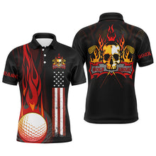 Load image into Gallery viewer, Golf skull Men golf polo shirts custom name flame golf ball American flag patriotic golf shirt for men NQS4428