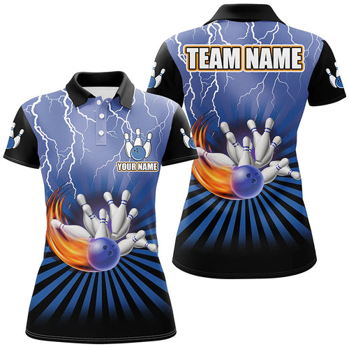 Women Bowling Polo Shirts Custom lightning storm vintage Bowling Team Jersey, gift for Bowlers | Blue NQS7080