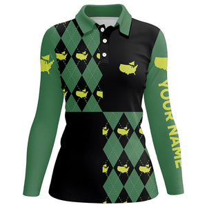 Womens golf polos shirts custom green and black argyle pattern golf tops for ladies NQS7202